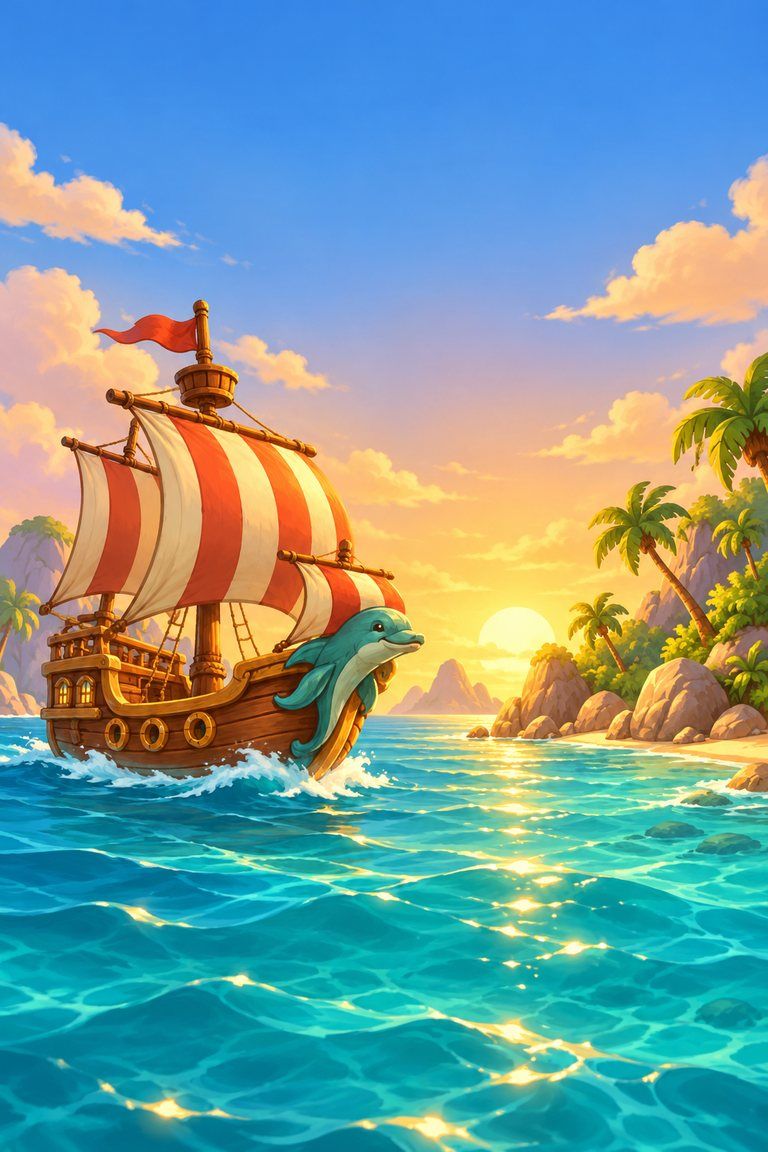 The Yarrgo ship under red and white sails, sailing into a cove at golden hour with a dolphin at the bow.