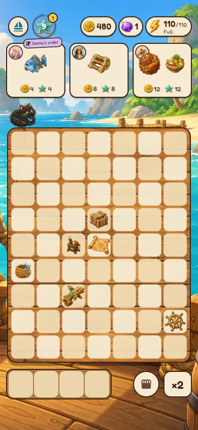 The board with three of the crew's orders above it and items scattered on the grid.