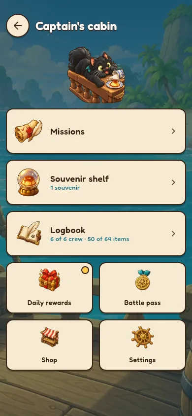 The captain's cabin menu with Missions, Souvenir shelf, Logbook, Daily rewards, Battle pass, Shop and Settings.