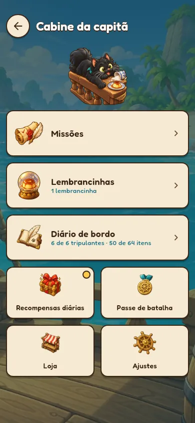 O menu da cabine da capitã com Missões, Prateleira de lembranças, Diário, Recompensas diárias, Passe de batalha, Loja e Ajustes.